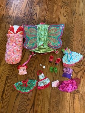 American girl WellieWishers bundle of doll holder, sleeping bag, rare & retired